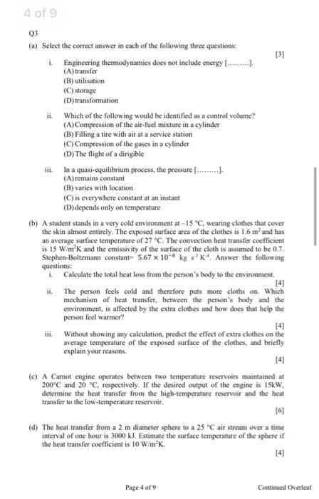 4 Of 9 Q3 A Select The Correct Answer In Each Of The Following Three Questions 3 Engineering Thermodynamics Does Not 1