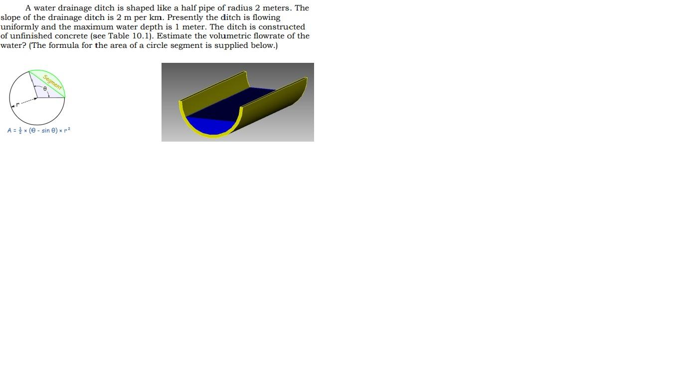 1 A Water Drainage Ditch Is Shaped Like A Half Pipe Of Radius 2 Meters The Slope Of The Drainage Ditch Is 2 M Per Km 1