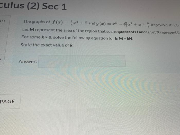 Us 2 Sec 1 The Graphs Of F X 1 And G X Trap With Let Mrepresent The Area Of The Region That Pas Quadrants And New 2