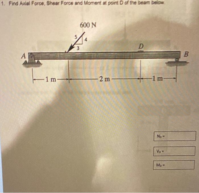 1 Find Metal Force Shear Force And Moment At Point Of The Beam Below 600 N A 3 D A B 1 M2 2 M Lm No Vo Mo 1