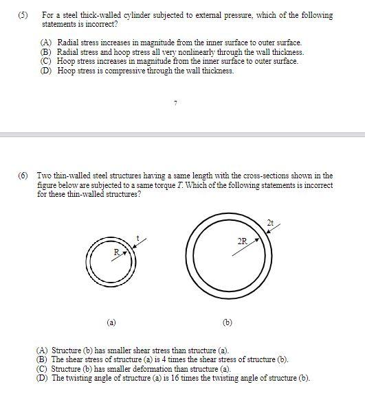 5 5 A For A Steel Thick Walled Cylinder Subjected To External Pressure Which Of The Following Statements Is Incorrect 1