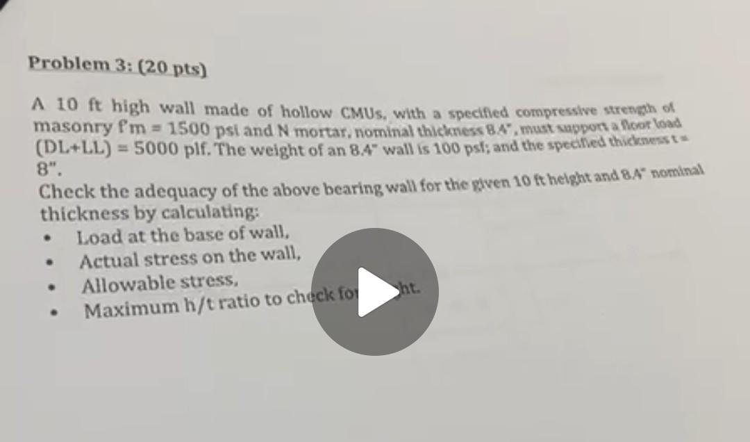 Problem 3 20 Pts A 10 Ft High Wall Made Of Hollow Cmus With A Specified Compressive Strength Of Masonry F M 1500 P 1