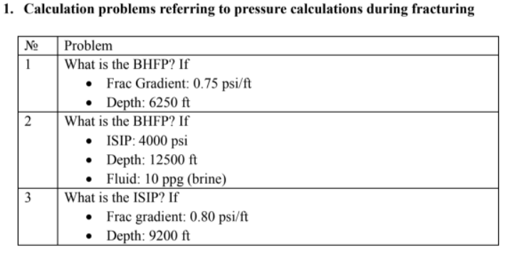 1 Calculation Problems Referring To Pressure Calculations During Fracturing No 1 2 Problem What Is The Bhfp If Frac Gr 1