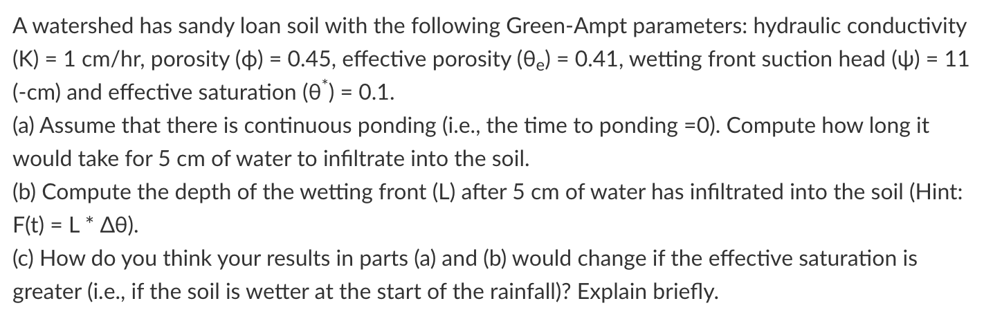 A Watershed Has Sandy Loan Soil With The Following Green Ampt Parameters Hydraulic Conductivity K 1 Cm Hr Poro 1