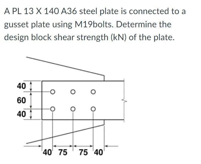 A Pl 13 X 140 A36 Steel Plate Is Connected To A Gusset Plate Using M19bolts Determine The Design Block Shear Strength 1