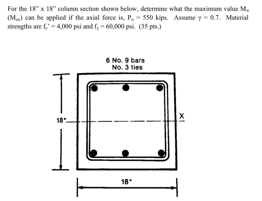 For The 18 X 18 Column Section Shown Below Determine What The Maximum Value Mu Mux Can Be Applied If The Axial Fo 1