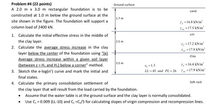 Sand Silt 25 M Problem 4 22 Points Ground Surface A 2 0 M X 3 0 M Rectangular Foundation Is To Be Constructed At 1 0 1