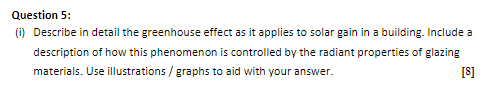 Question 5 1 Describe In Detail The Greenhouse Effect As It Applies To Solar Gain In A Building Include A Descriptio 1