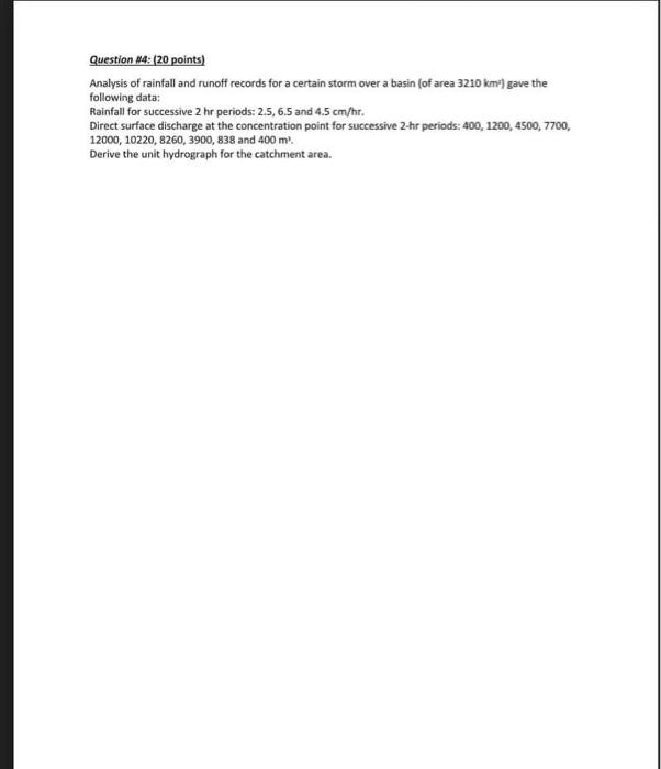 Question 4 20 Points Analysis Of Rainfall And Runoff Records For A Certain Storm Over A Basin Of Area 3210 Km Gave 1