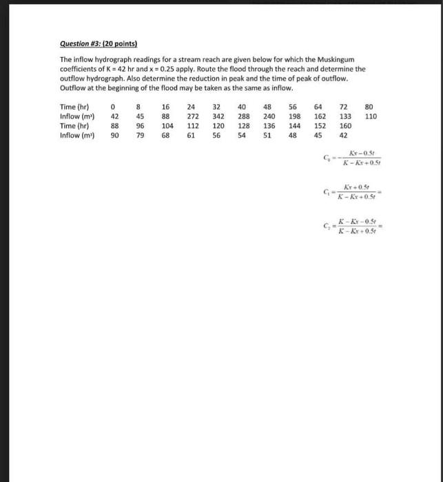 Question 3 20 Points The Inflow Hydrograph Readings For A Stream Reach Are Given Below For Which The Muskingum Coeff 1