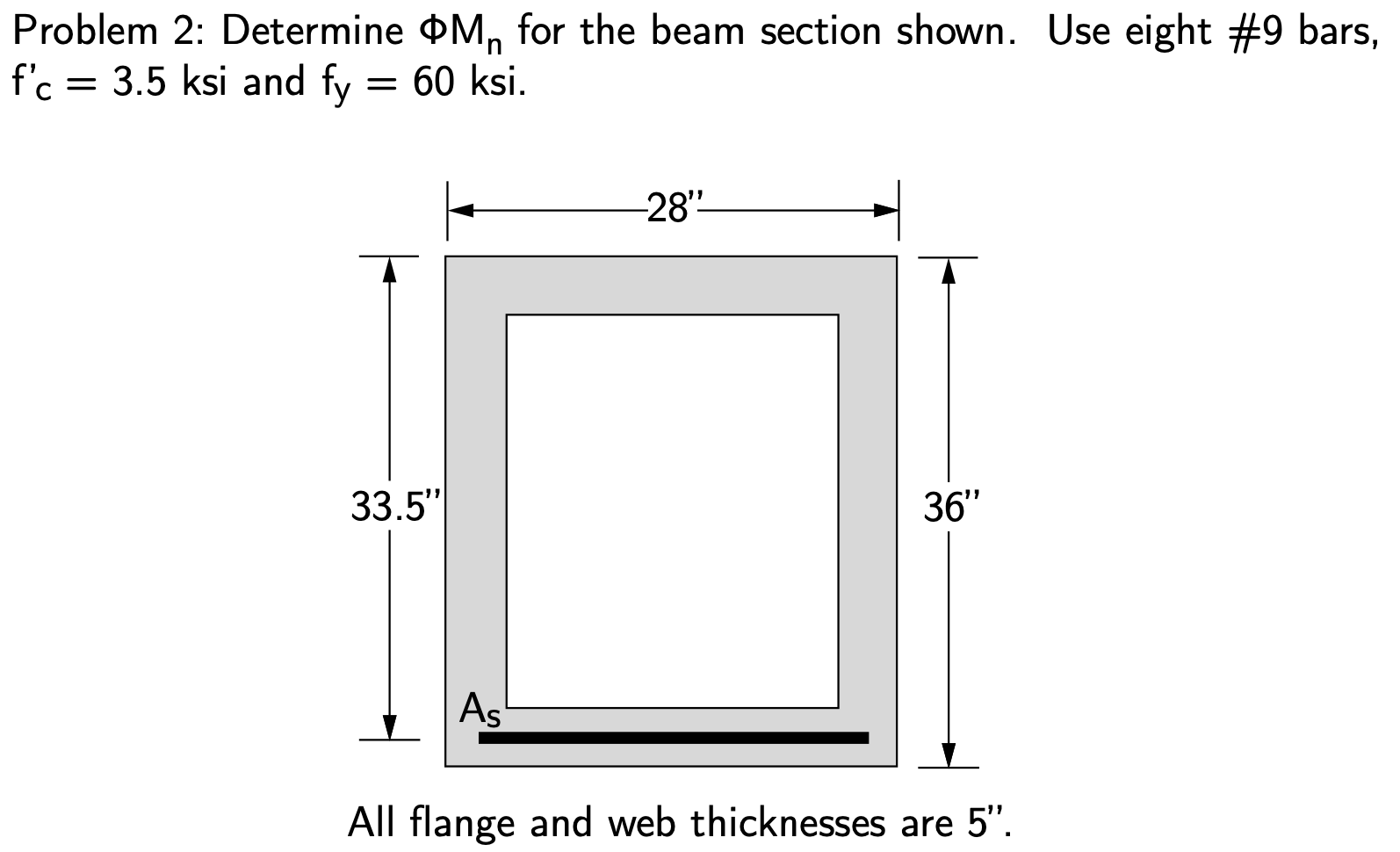 Problem 2 Determine Om For The Beam Section Shown Use Eight 9 Bars F C 3 5 Ksi And Fy 60 Ksi 28 33 5 36 1