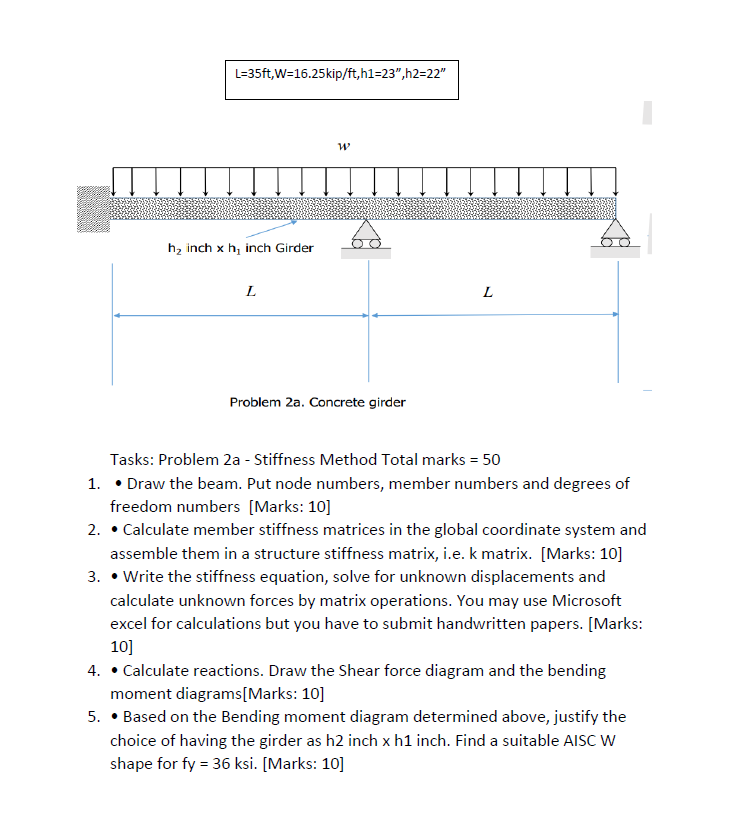 L 35ft W 16 25kip Ft H1 23 H2 22 W H Inch X H Inch Girder L L Problem 2a Concrete Girder Tasks Problem 2a Stif 1