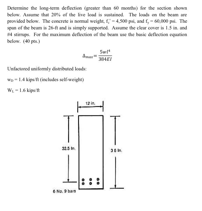 Determine The Long Term Deflection Greater Than 60 Months For The Section Shown Below Assume That 20 Of The Live Loa 1
