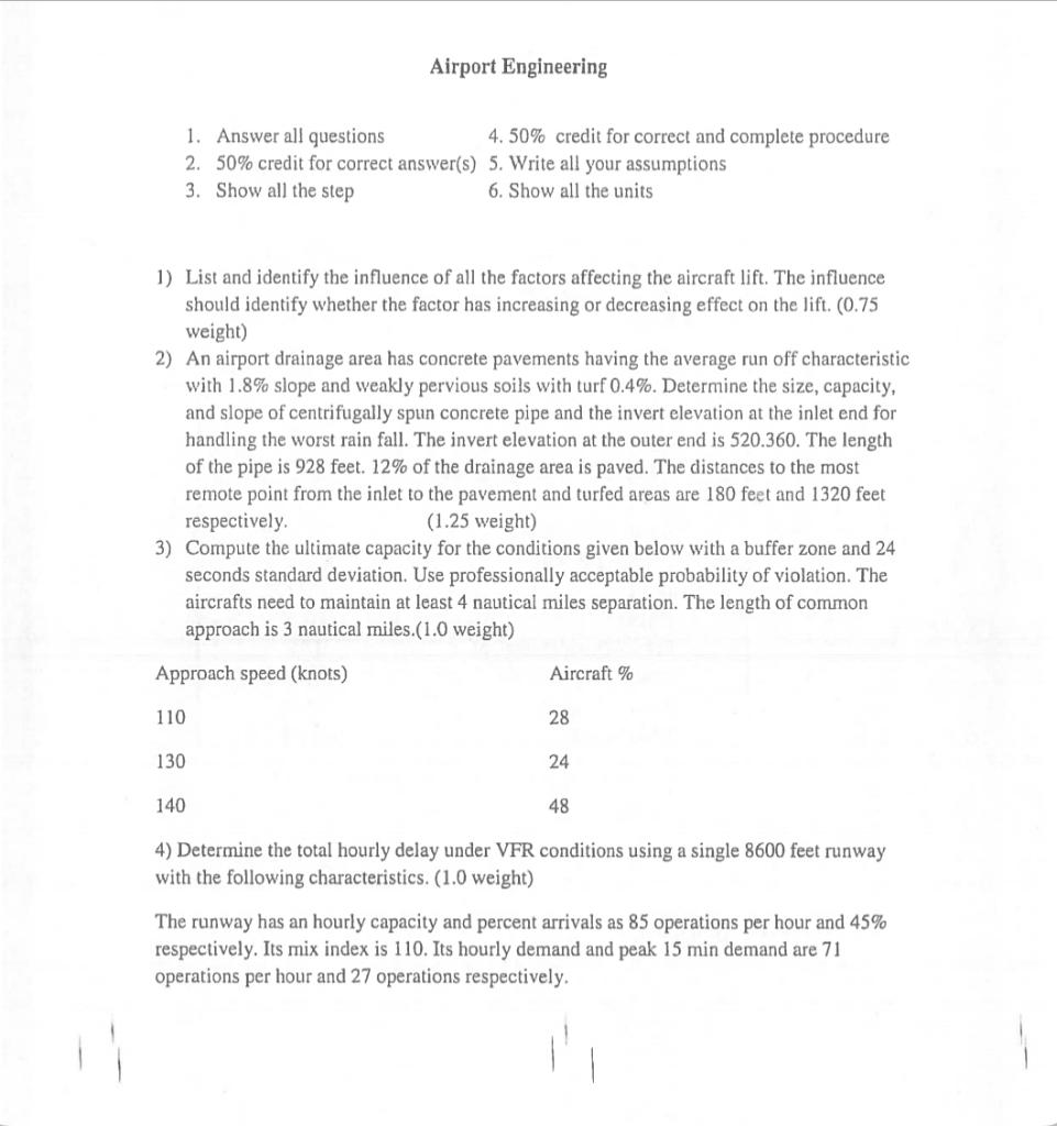 Airport Engineering 1 Answer All Questions 4 50 Credit For Correct And Complete Procedure 2 50 Credit For Correct An 1