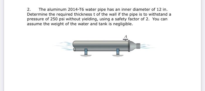 2 The Aluminum 2014 T6 Water Pipe Has An Inner Diameter Of 12 In Determine The Required Thickness T Of The Wall If The 1