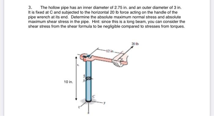3 The Hollow Pipe Has An Inner Diameter Of 2 75 In And An Outer Diameter Of 3 In It Is Fixed At C And Subjected To Th 1
