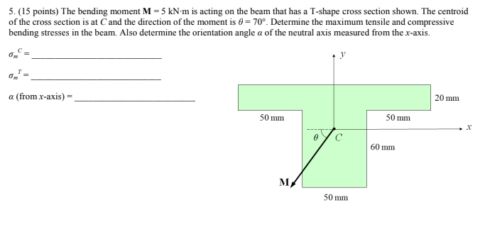 5 15 Points The Bending Moment M 5 Kn M Is Acting On The Beam That Has A T Shape Cross Section Shown The Centroid 1