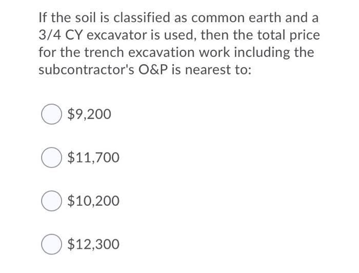 If The Soil Is Classified As Common Earth And A 3 4 Cy Excavator Is Used Then The Total Price For The Trench Excavation 1