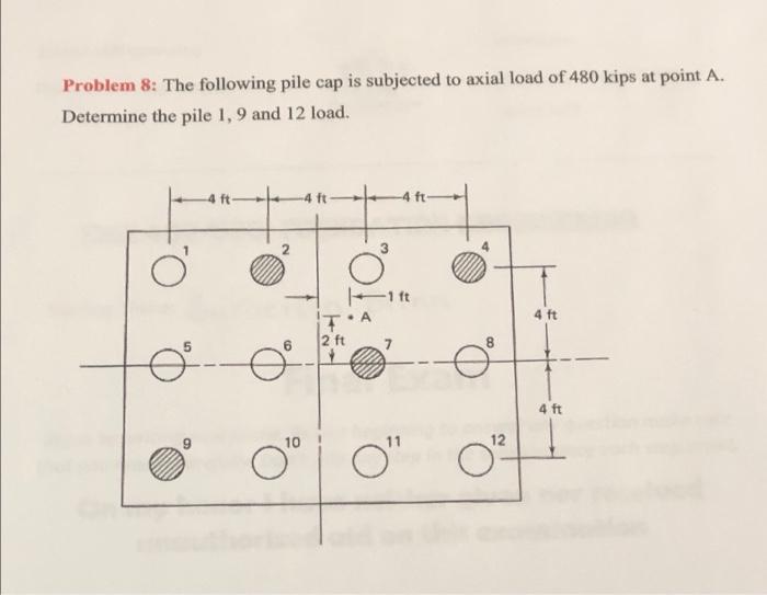 Problem 8 The Following Pile Cap Is Subjected To Axial Load Of 480 Kips At Point A Determine The Pile 1 9 And 12 Load 1