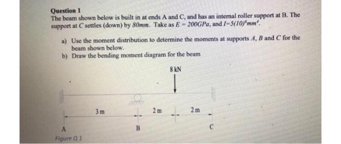 Question 1 The Beam Shown Below Is Built In At Ends A And C And Has An Internal Roller Support At B The Support At C S 1