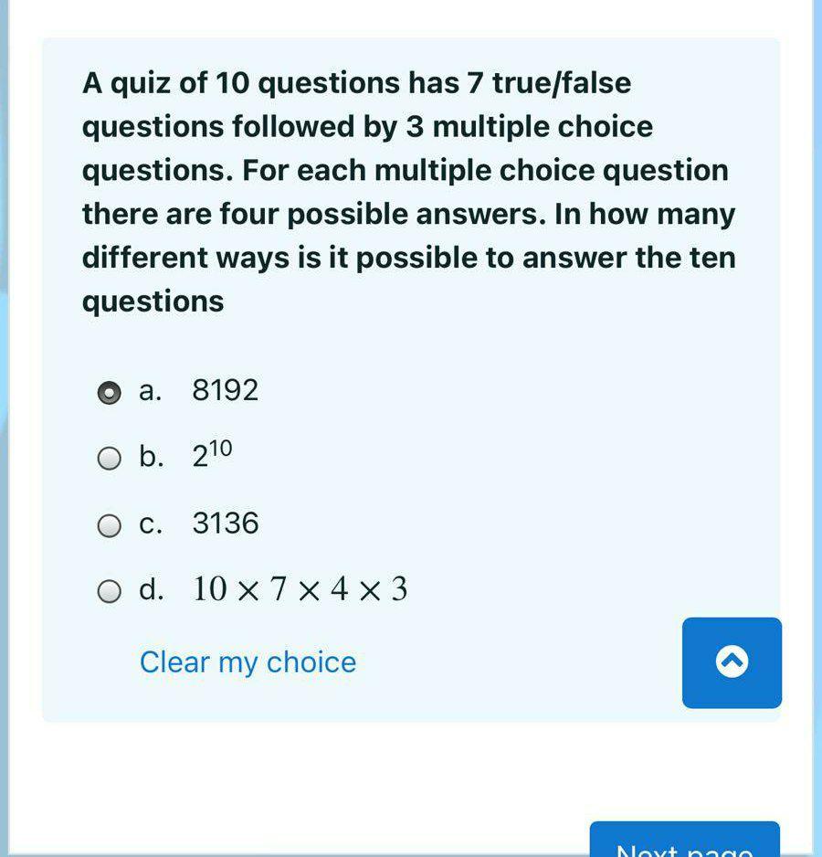 A Quiz Of 10 Questions Has 7 True False Questions Followed By 3 Multiple Choice Questions For Each Multiple Choice Ques 1