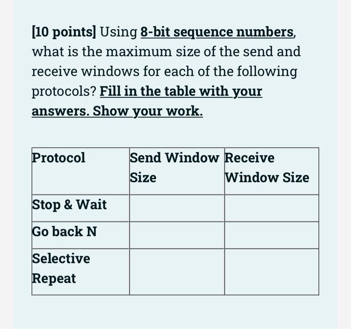 10 Points Using 8 Bit Sequence Numbers What Is The Maximum Size Of The Send And Receive Windows For Each Of The Follo 1