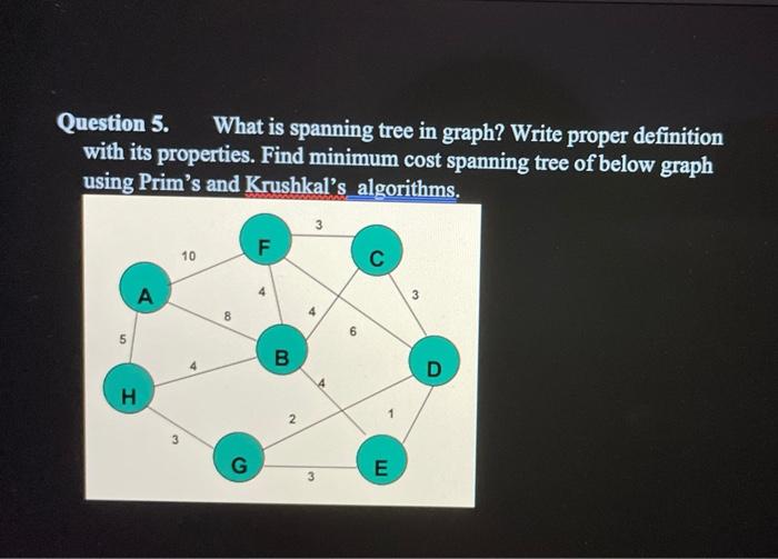 Question 5 What Is Spanning Tree In Graph Write Proper Definition With Its Properties Find Minimum Cost Spanning Tree 1