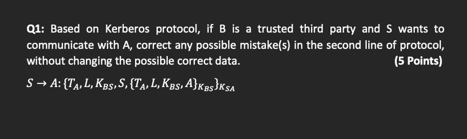 Q1 Based On Kerberos Protocol If B Is A Trusted Third Party And S Wants To Communicate With A Correct Any Possible Mi 1