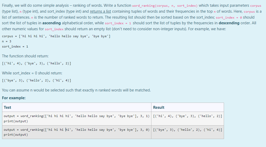 Finally We Will Do Some Simple Analysis Ranking Of Words Write A Function Word Ranking Corpus N Sort Index Which 1