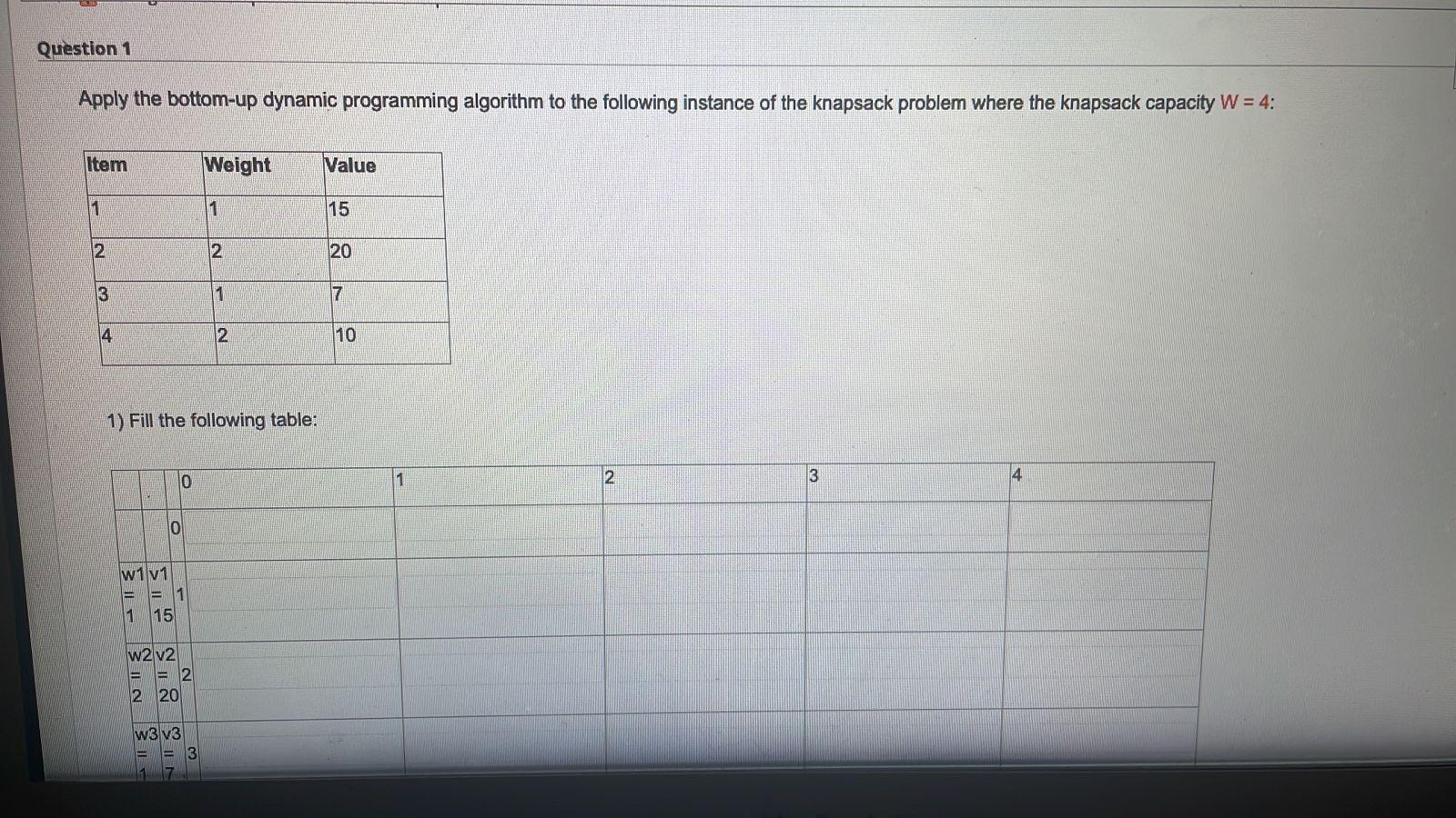 Question 1 Apply The Bottom Up Dynamic Programming Algorithm To The Following Instance Of The Knapsack Problem Where The 1