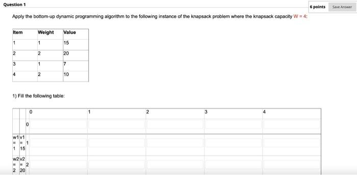 Question 1 6 Points Save Answer Apply The Bottom Up Dynamic Programming Algorithm To The Following Instance Of The Knaps 1
