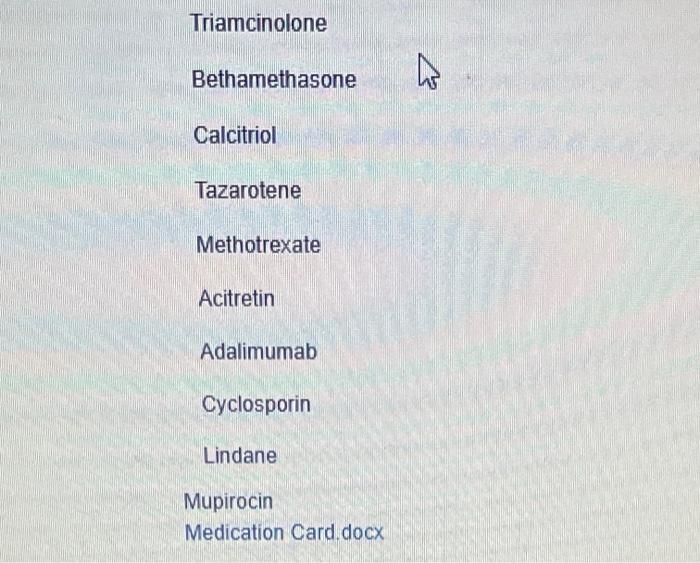 Triamcinolone Bethamethasone Calcitriol Tazarotene Methotrexate Acitretin Adalimumab Cyclosporin Lindane Mupirocin Medic 1