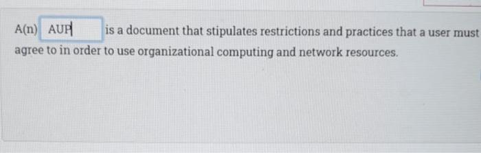 A N Aur Is A Document That Stipulates Restrictions And Practices That A User Must Agree To In Order To Use Organization 1