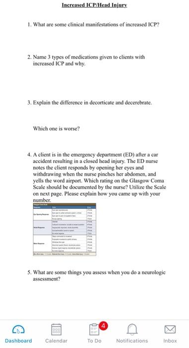 Increased Icp Head Injury 1 What Are Some Clinical Manifestations Of Increased Icp 2 Name 3 Types Of Medications Give 1