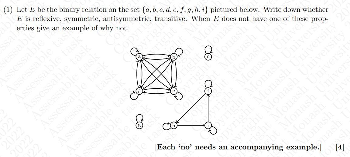 E 1 Let E Be The Binary Relation On The Set A B C D E F G H I Pictured Below Write Down Whether E Is Reflexi 1