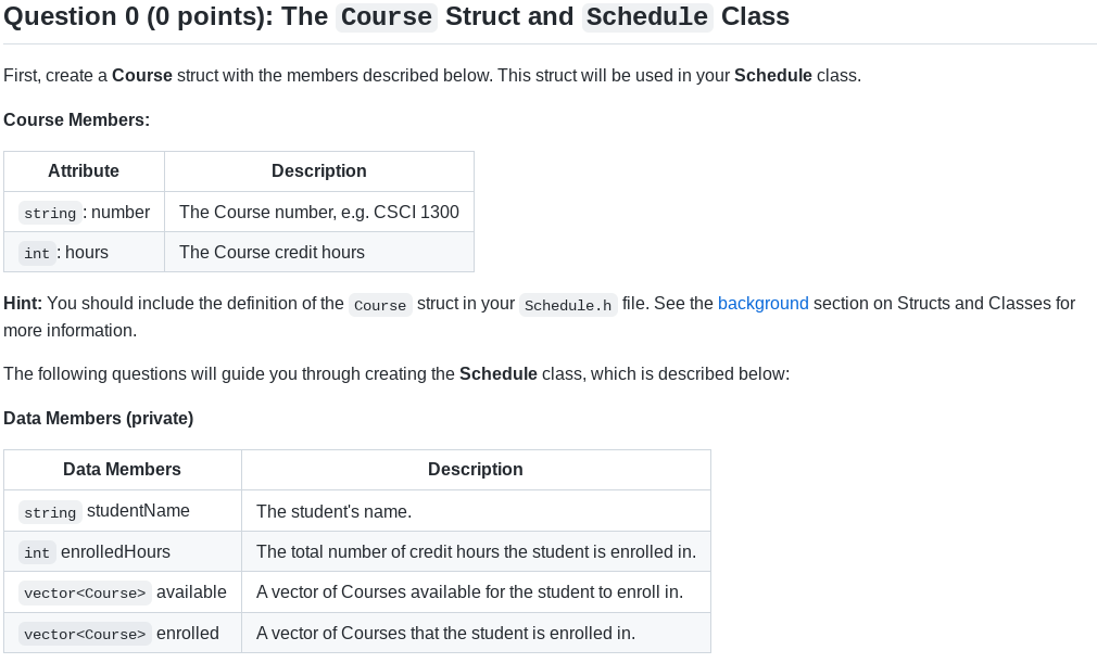 Question 0 0 Points The Course Struct And Schedule Class First Create A Course Struct With The Members Described Bel 1
