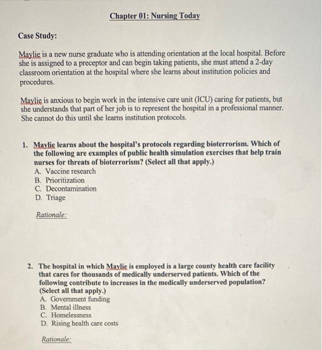 Chapter 01 Nursing Today Case Study Maylie Is A New Nurse Graduate Who Is Attending Orientation At The Local Hospital 1
