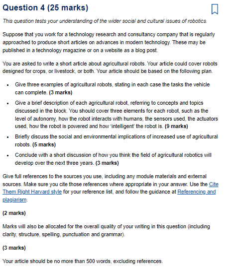 Question 4 25 Marks This Question Tests Your Understanding Of The Wider Social And Cultural Issues Of Robotics Suppos 1