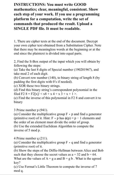 Instructions You Must Write Good Mathematics Clear Meaningful Consistent Show Each Step Of Your Work If You Use A 1