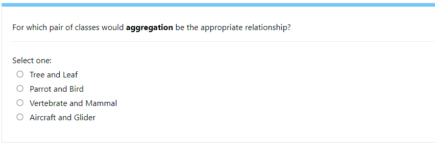 For Which Pair Of Classes Would Aggregation Be The Appropriate Relationship Select One Tree And Leaf O Parrot And Bird 1