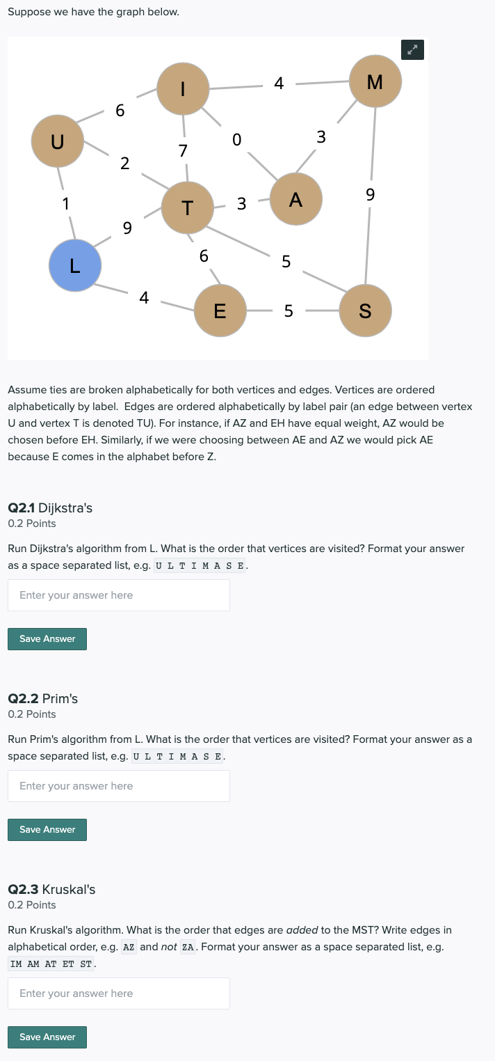 Suppose We Have The Graph Below 4 M 6 U 0 3 7 2 1 9 A 3 T 9 6 L 5 4 E 5 S Assume Ties Are Broken Alphabetically For Bot 1