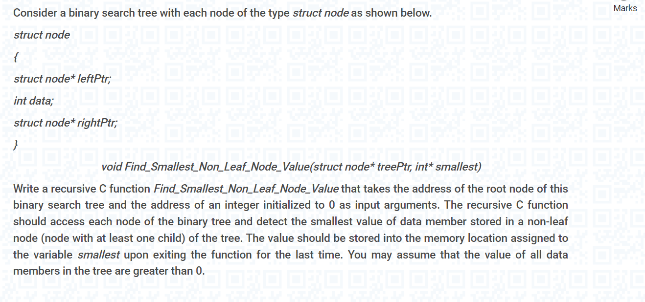 Consider A Binary Search Tree With Each Node Of The Type Struct Node As Shown Below Th Marks Struct Node Struct Node 1