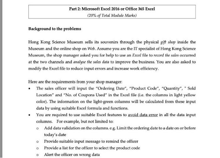 Part 2 Microsoft Excel 2016 Or Office 365 Excel 20 Of Total Module Marks Background To The Problems Hong Kong Scienc 1
