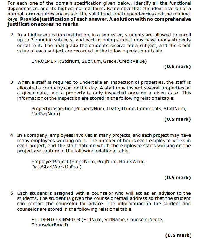 For Each One Of The Domain Specification Given Below Identify All The Functional Dependencies And Its Highest Normal F 1