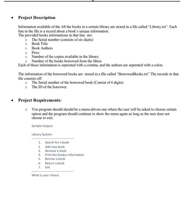 Project Description Information Available Of The All The Books In A Certain Library Are Stored In A File Called Library 1