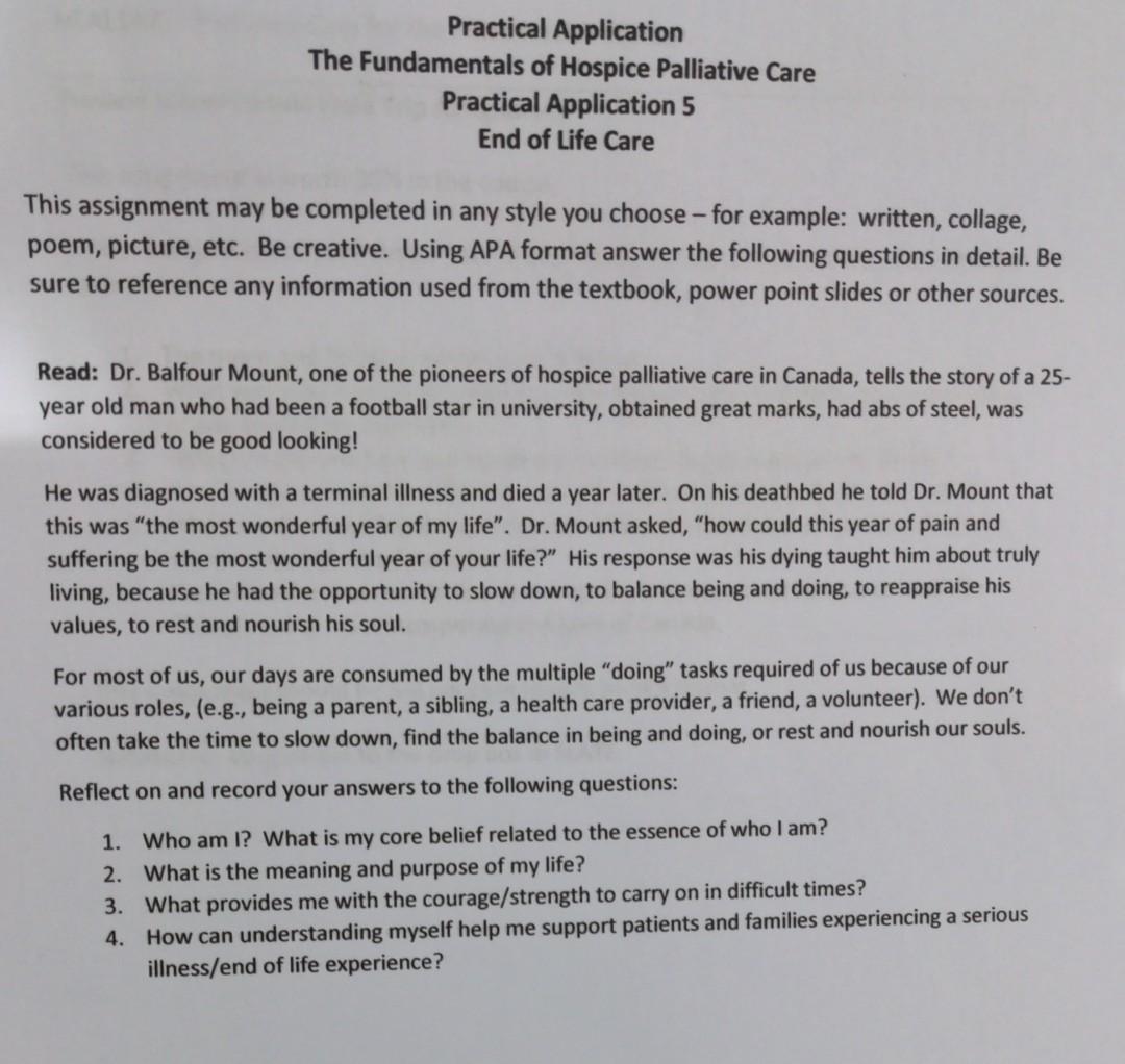 Practical Application The Fundamentals Of Hospice Palliative Care Practical Application 5 End Of Life Care This Assignme 1