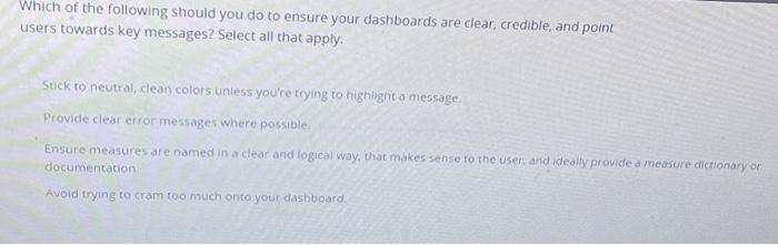 Which Of The Following Should You Do To Ensure Your Dashboards Are Clear Credible And Point Users Towards Key Messages 1