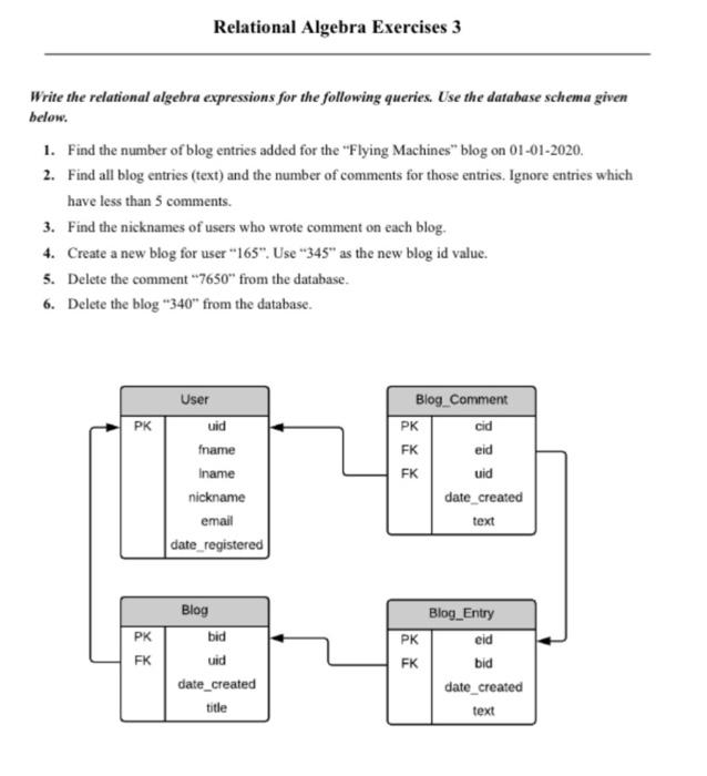 Relational Algebra Exercises 3 Write The Relational Algebra Expressions For The Following Queries Use The Database Sche 1
