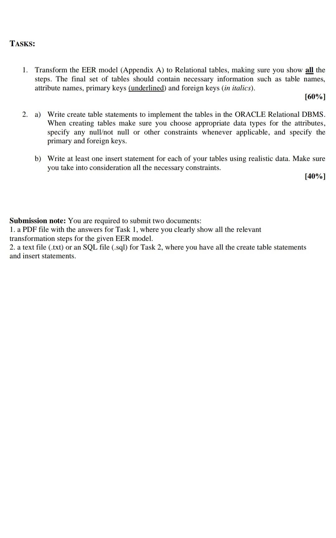 Tasks 1 Transform The Eer Model Appendix A To Relational Tables Making Sure You Show All The Steps The Final Set O 1