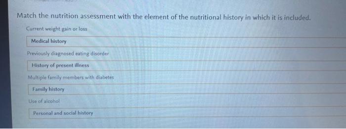 Match The Nutrition Assessment With The Element Of The Nutritional History In Which It Is Included Current Weight Gain 1